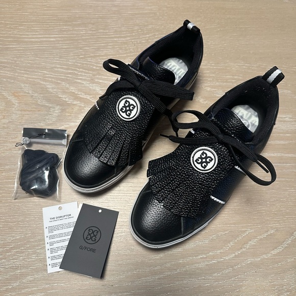 G/FORE Black Golf Leather Shoes with White Accents and Cleats - Picture 1 of 5